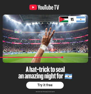 YouTube TV sample ad — 'A hat-trick to seal an amazing night for Argentina', Jordan vs Argentina